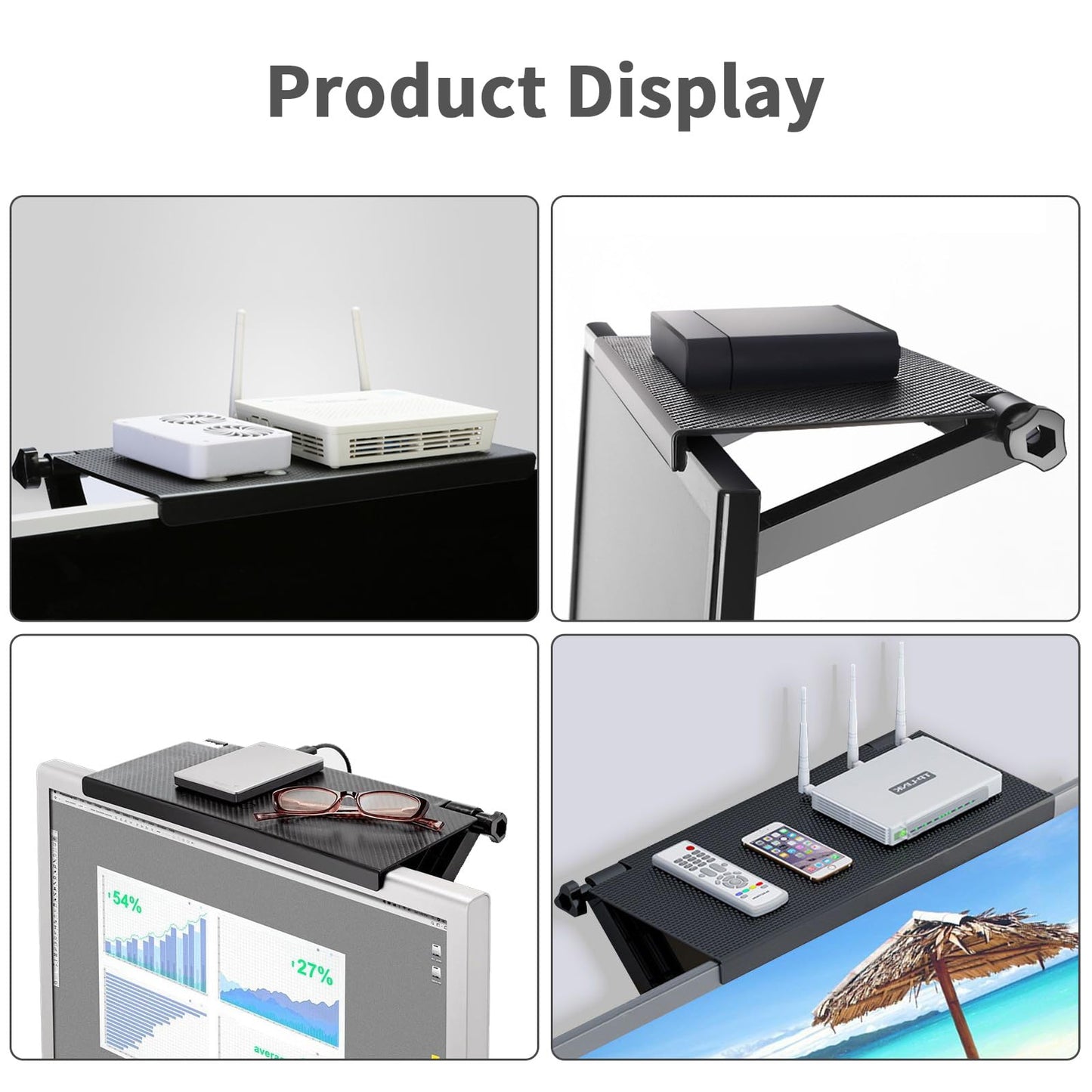 Wesoke TV Top Shelf Screen Top Storage Stand, Black Computer Monitor Top Mounting Bracket Adjustable Cable Box Mount Shelf with 13 inch/33cm Platform