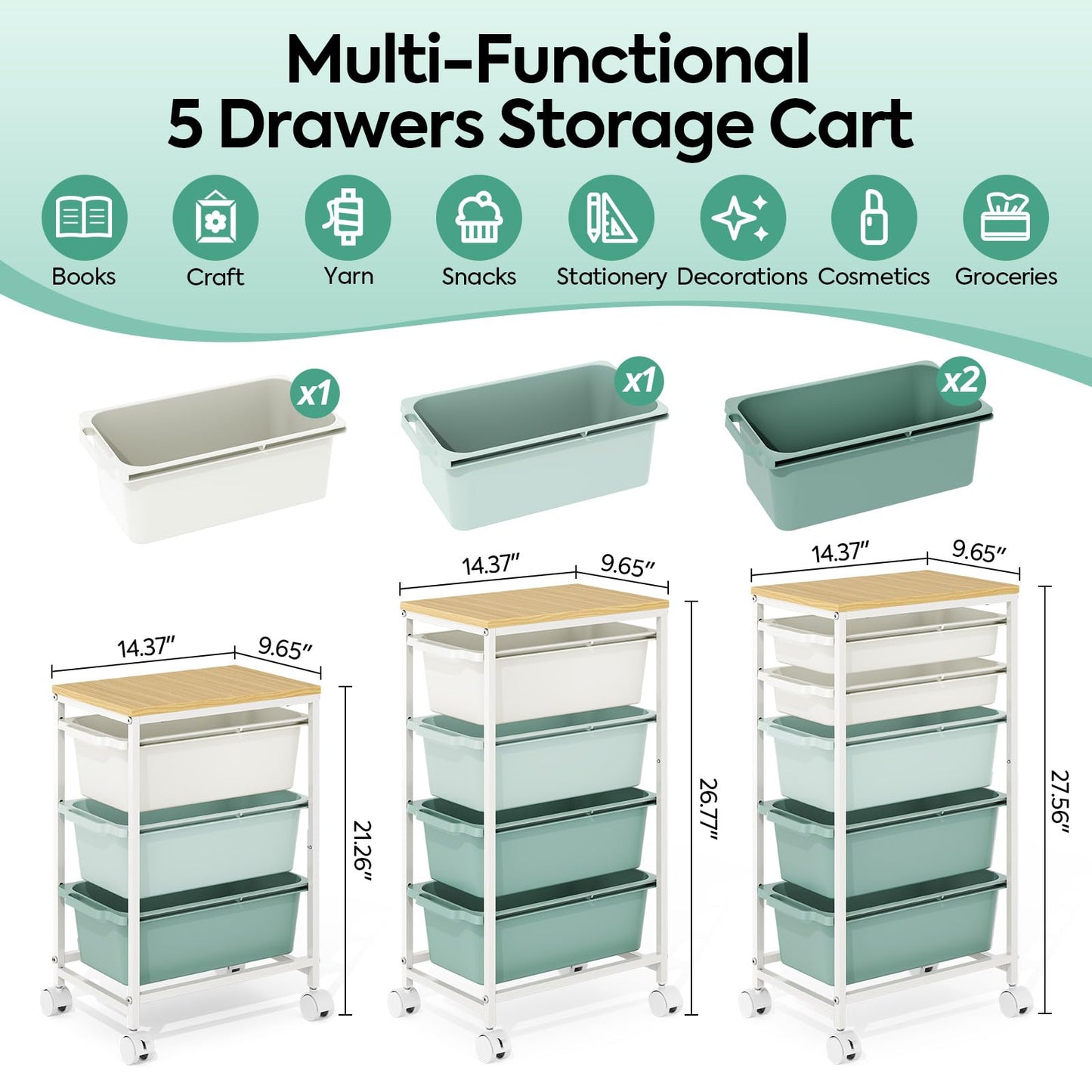 KINGBOARD 4 Drawers Storage Trolley on Wheels, Green