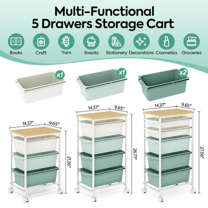 KINGBOARD 4 Drawers Storage Trolley on Wheels, Green
