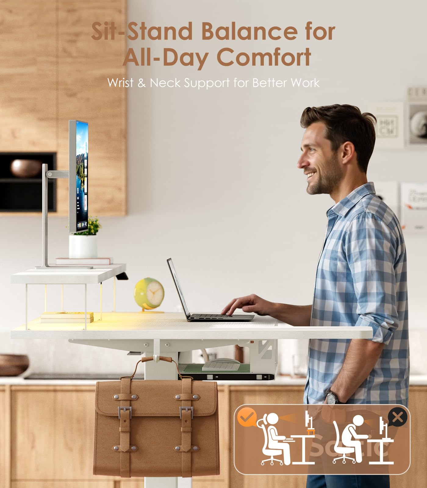 OffiGo Standing Desk, 120cm U Shaped Desk with LED Lights & Power Outlets