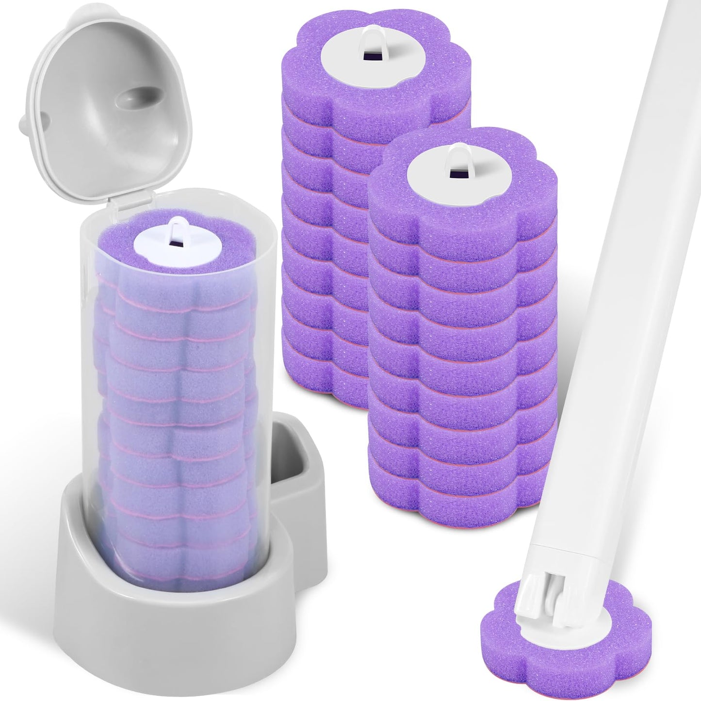 18Pcs Toilet Brush Replacement Head Disposable Toilet Brush refills Grey Handle Wand Holder Set with Storage Case Base for Sink Bathtub Wash Basin