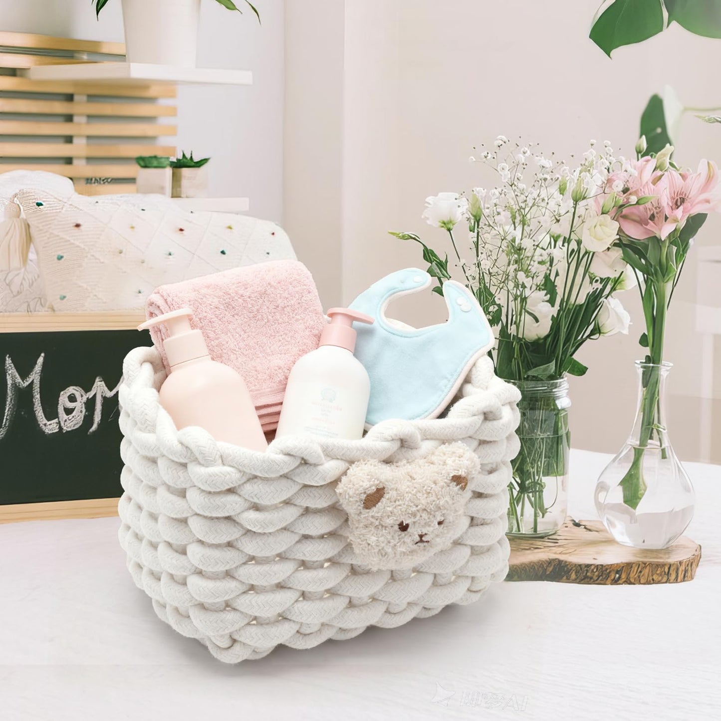 Woven Cotton Wicker Storage Basket with Bear Motif, White - Bathroom Organizer for Desk, Makeup Table, Cabinets, Bath, Kitchen (White)