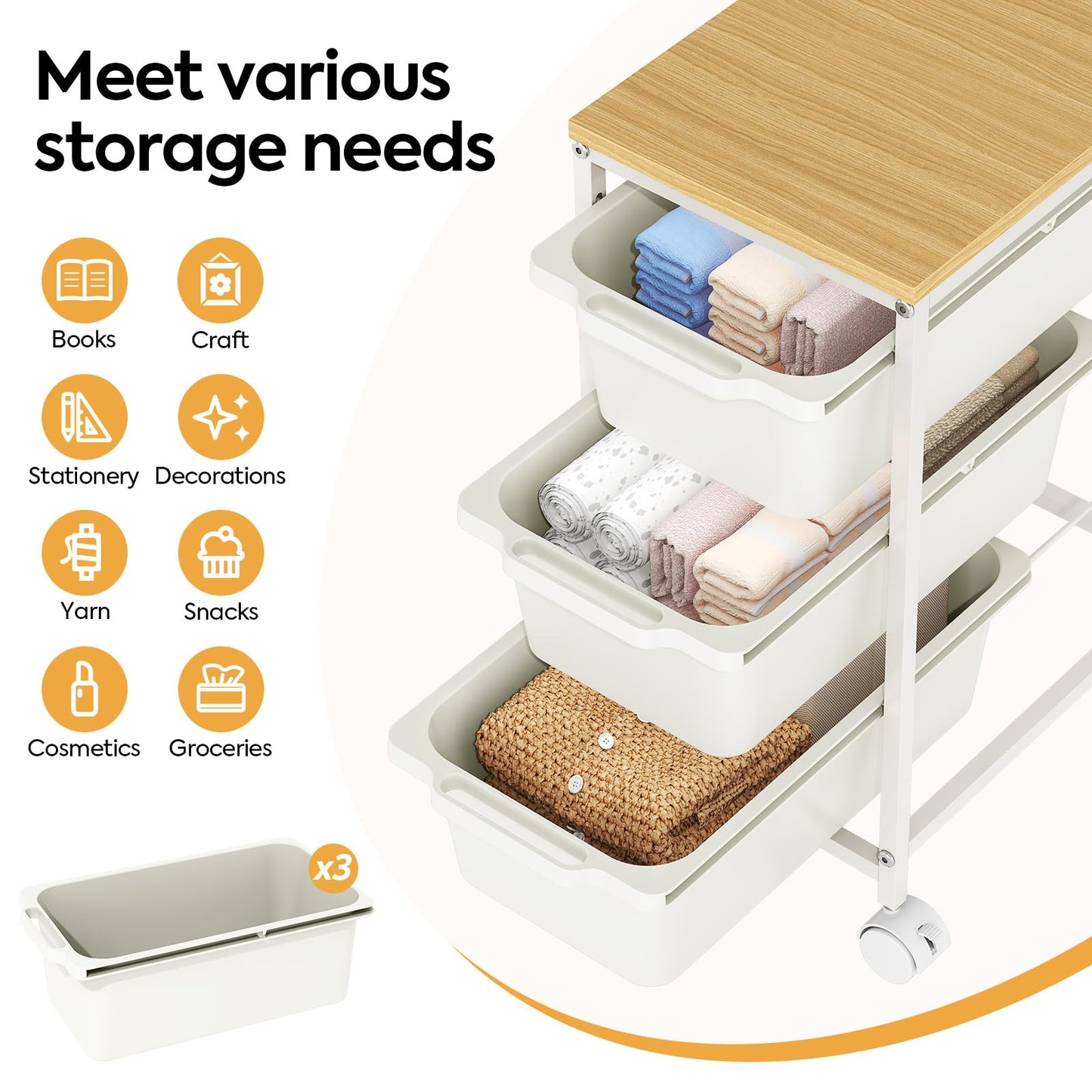 KINGBOARD 3 Drawers Storage Trolley on Wheels, White