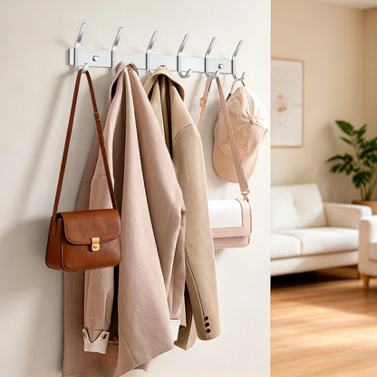 TINIFO Coat Hooks Wall Mounted - Stainless Steel Coat Rack 6 Hook for Hallway, Door 2 Pack, Silver