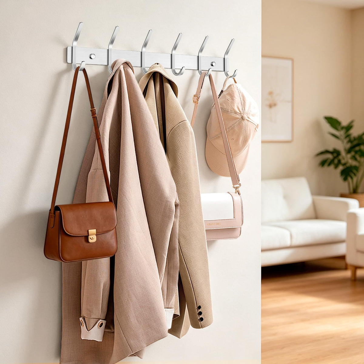 TINIFO Coat Hooks Wall Mounted - Stainless Steel Coat Rack 6 Hook, Silver