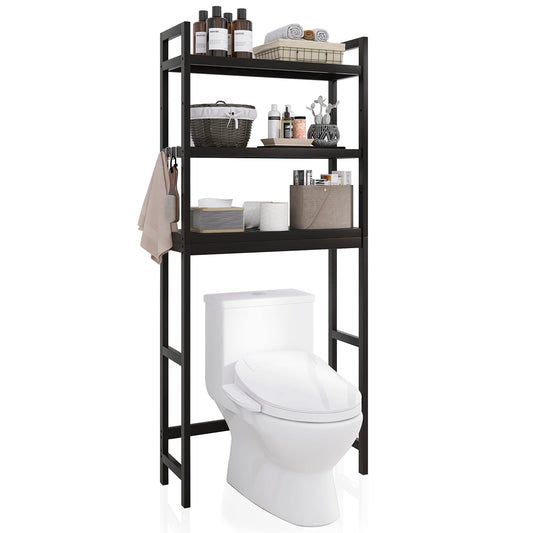 SMIBUY Bathroom Storage Shelf, Bamboo Over-The-Toilet Organizer Rack, Freestanding Toilet Space Saver with 3-Tier Adjustable Shelves (Black)