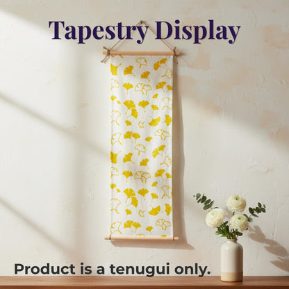 Japanese Tenugui Towel, 34.64"L x 12.99"W, Gingko Icho Yellow on White