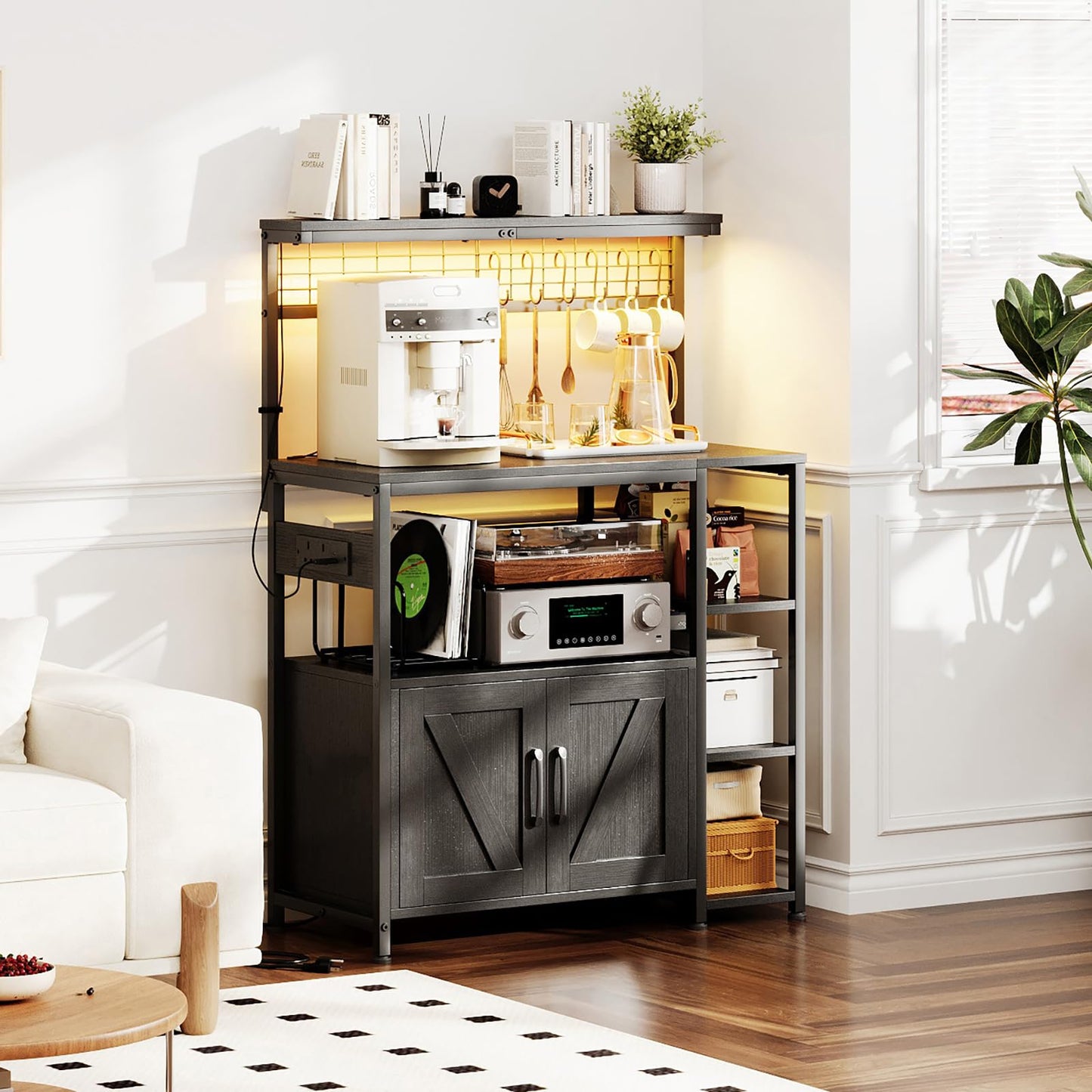 MUTUN Bakers Rack with Power Outlet, 6-Tier Kitchen Storage Rack with 6 S-Hooks, Microwave Stand Coffee Bar for Kitchen Dining Room
