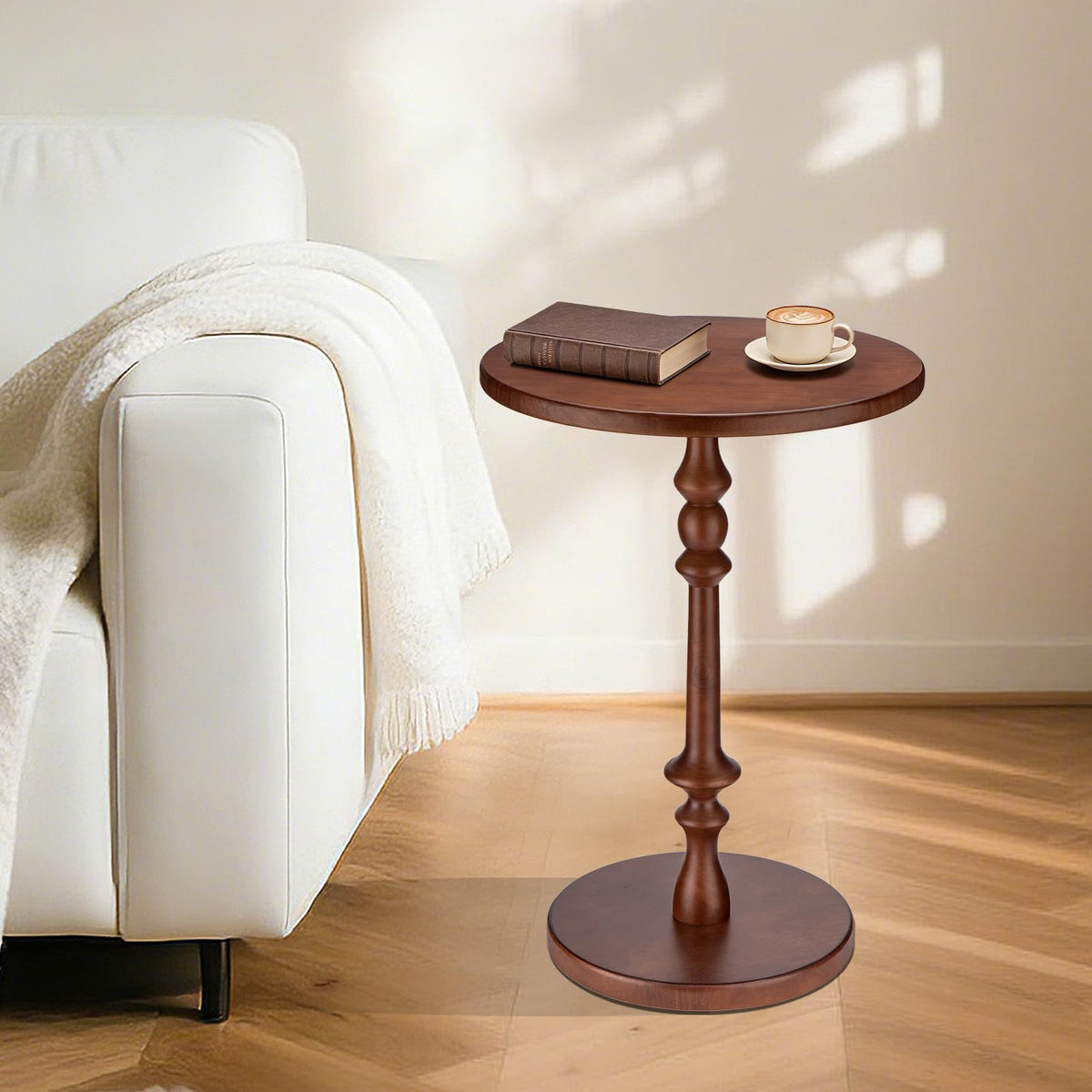 Solid Wood Round Side Table, 15.75" Small Drink Table with Non-Slip Pedestal Base, Modern End Table Accent Table for Living Room and Bedroom, Bedroom