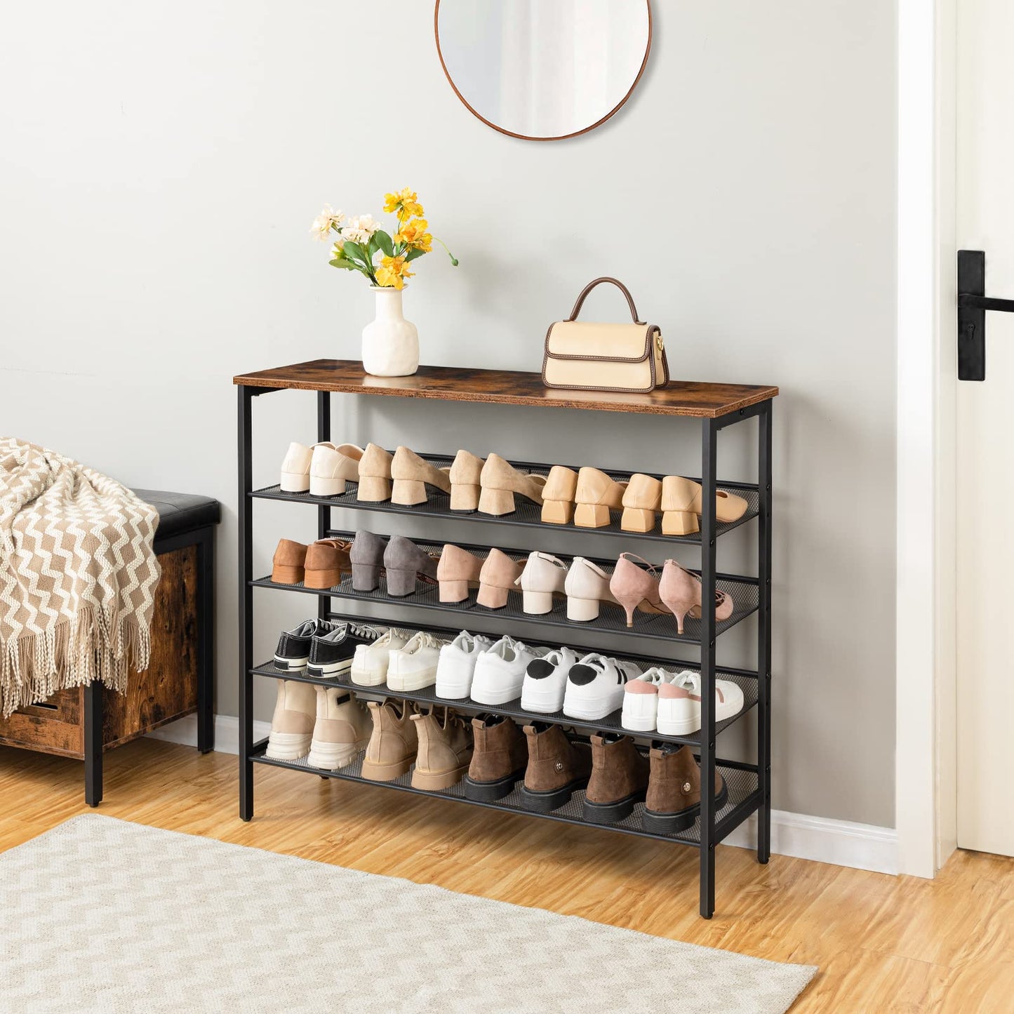 HOOBRO Shoe Rack, 5-Tier Shoe Organizer Shelf, 100 x 30 x 85 cm, with Flat or Slant Adjustable Shelf, Sturdy, Shoe Storage Organiser for Entryway,