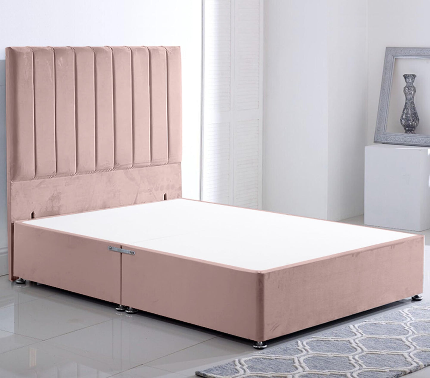 ComfoRest - Plush 3FT Stripe Single Divan Bed NO Mattress, NO Drawers | Sleek Velvet Frame with Grand 54" Headboard | Modern Bed Base for Stylish