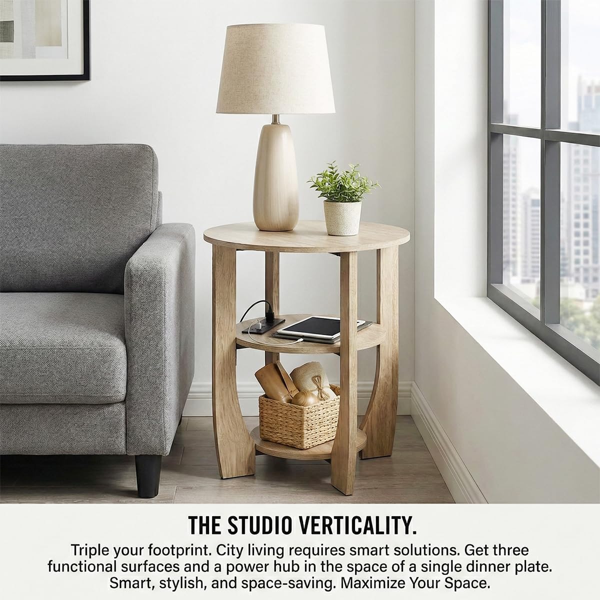 ZEXVIDA 3 Tier Round Side Table with Charging Station, Farmhouse Wood End Tables with Storage