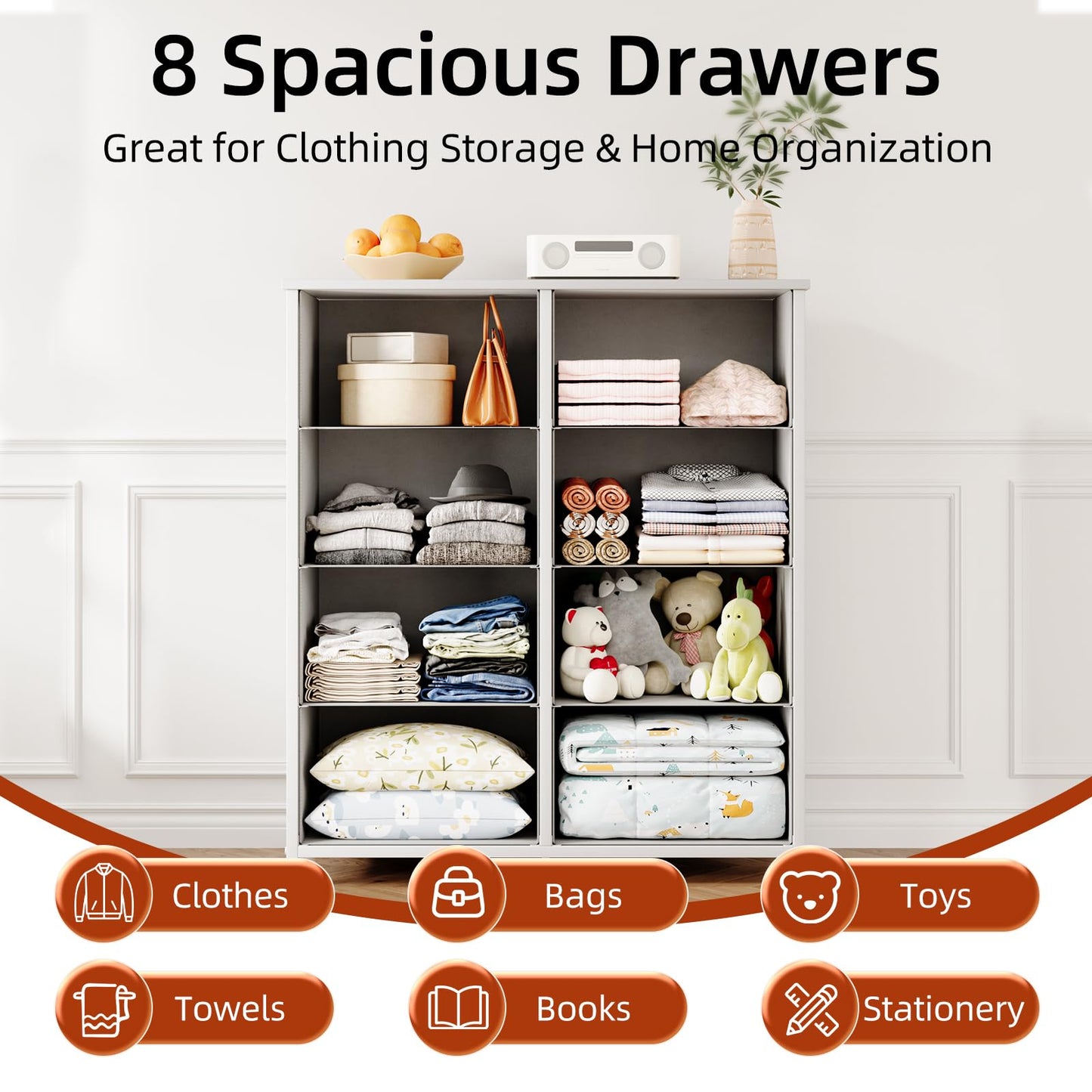 CAIYUN 8 Drawer Dresser, Tall Fabric Chest of Drawers with Wooden Top & Sturdy Metal Frame, Vertical Storage Cabinet for Bedroom, Closet, Nursery