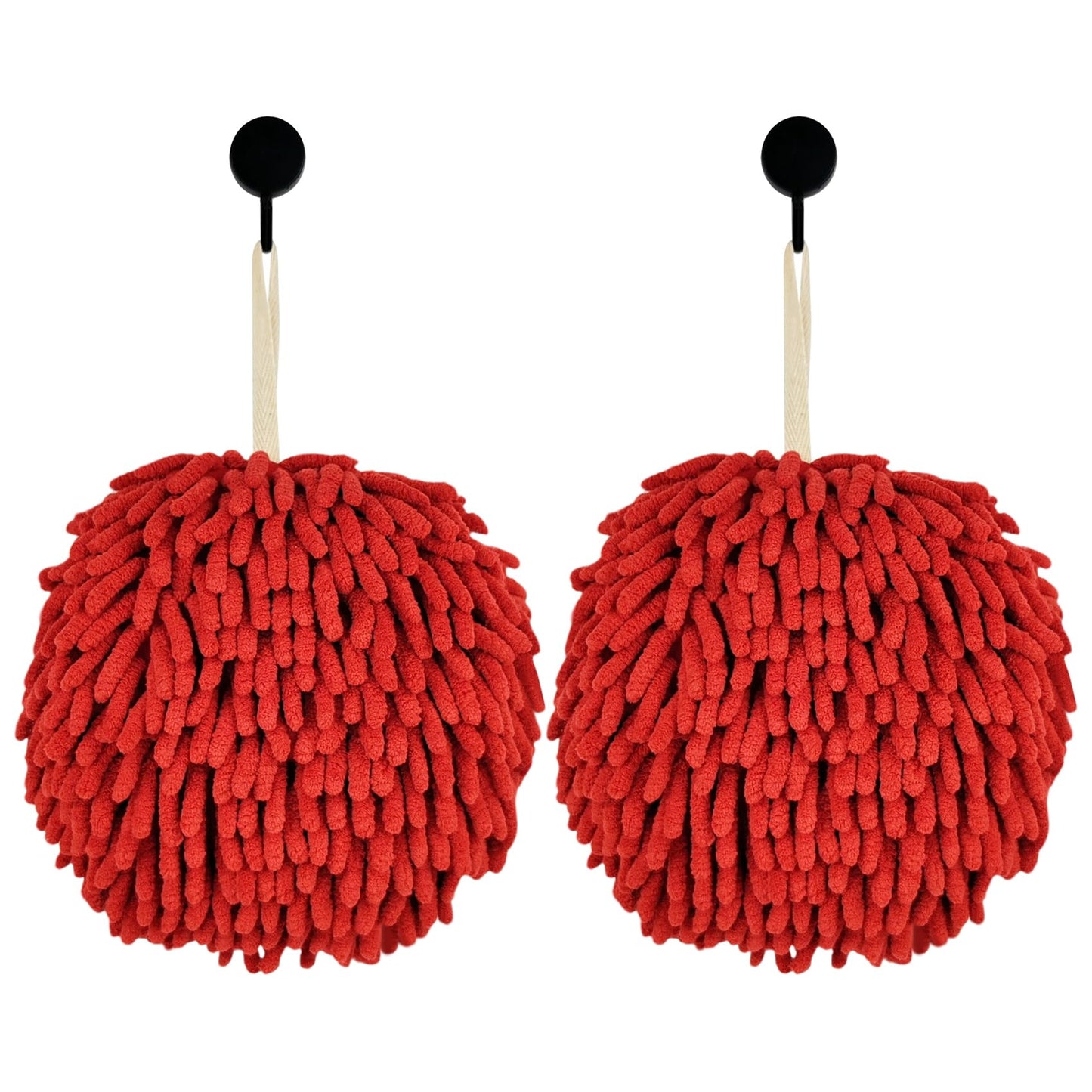 Fuzzy Ball Hand Towels, Set of 2, Chenille Quick Dry, 6.9inch (red)