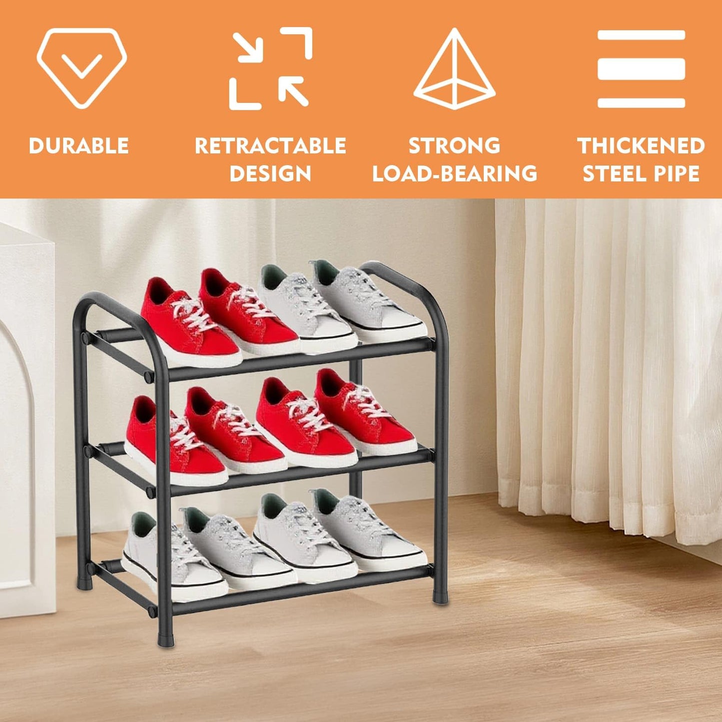 WEELOO Expandable Shoe Rack，Adjustable and Retractable Metal Shoe Shelf