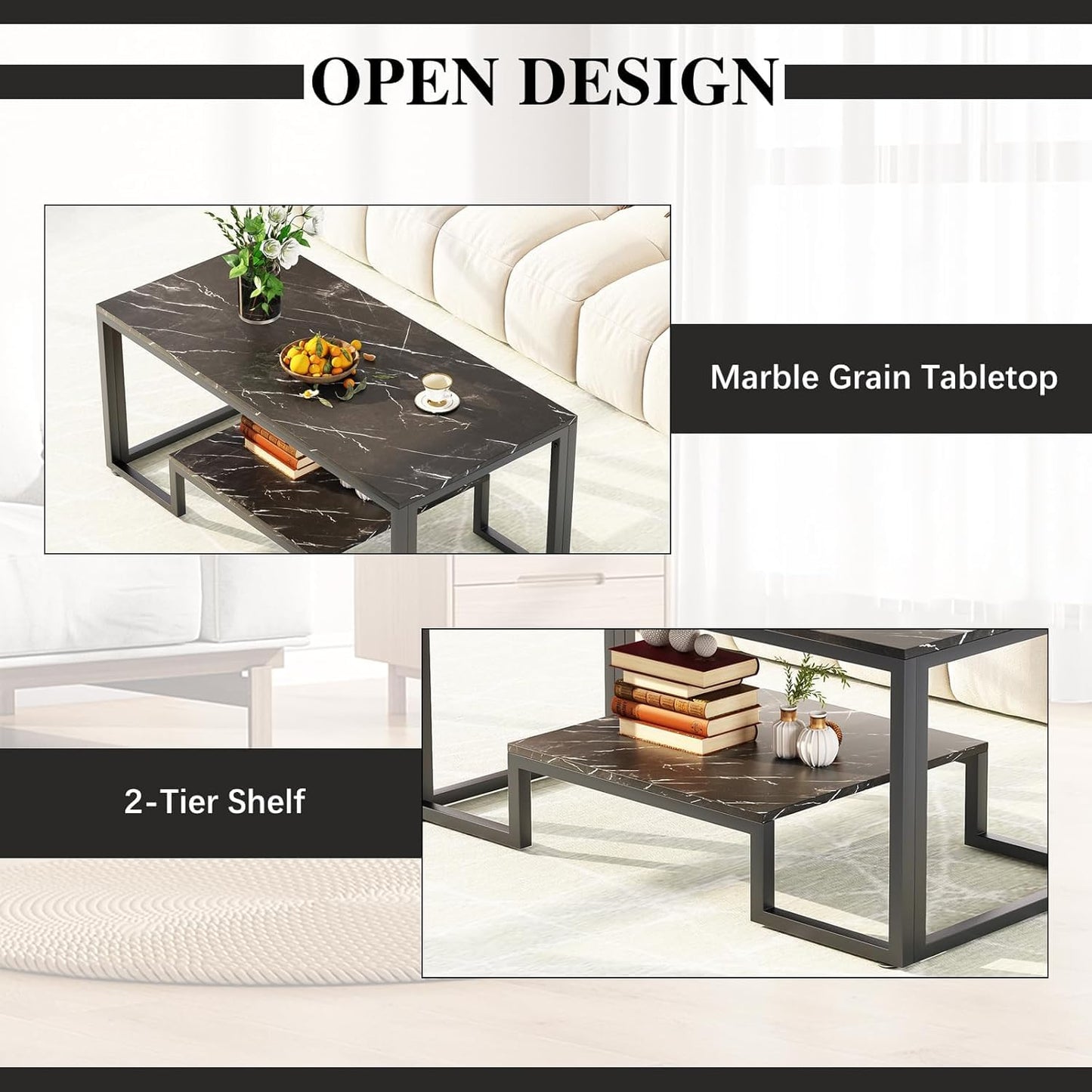 Coffee Table with Storage Shelf, Living Room Table with Metal Frame, Coffee Tables for Living Room, Center Table