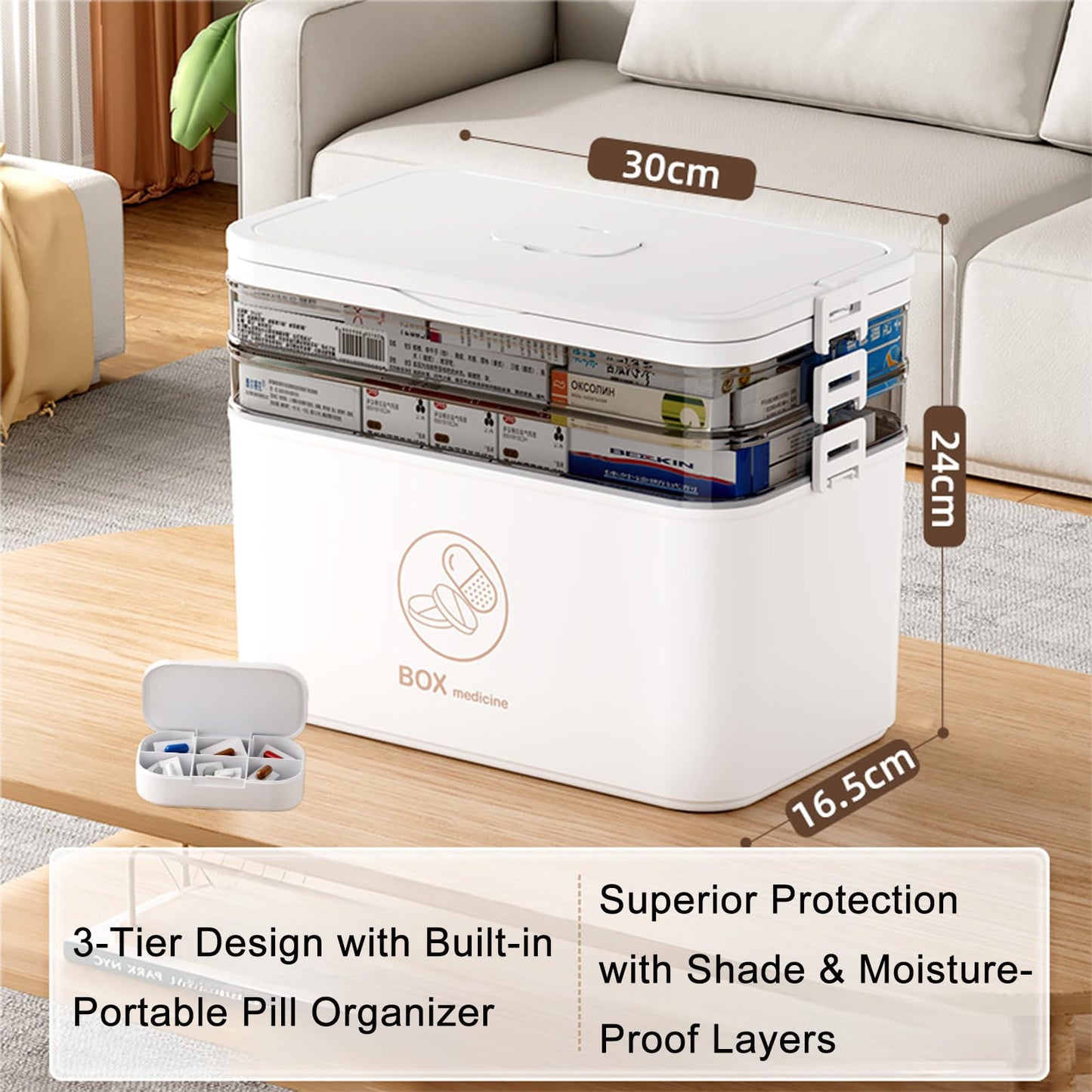 Hniuyun 3-Layer Portable Pill Organiser with Carry Handle, Weekly Multi-Compartment Medicine Box for Vitamins & Tablets – Travel