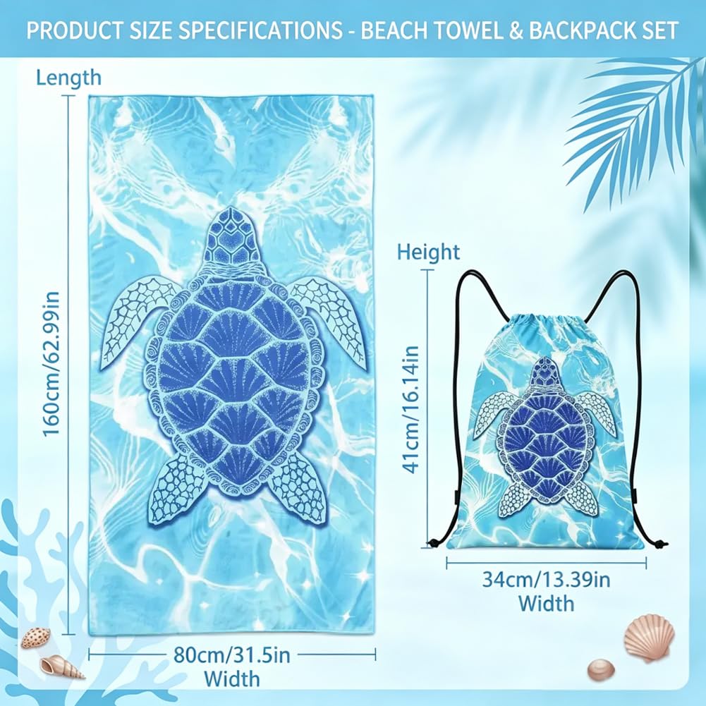 ZPSOSPZ Turtle Printed Microfibre Towel 160×80 cm,Travel Towel with Bag