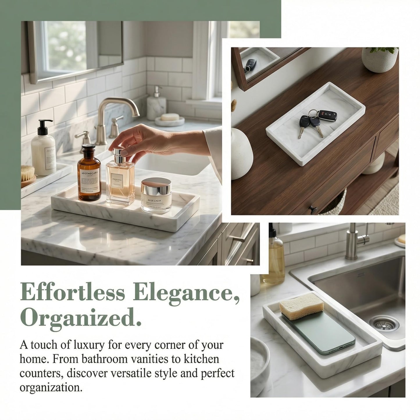 2PCS Bathroom Vanity Tray, Marble Pattern Silicone Organiser Tray for Bathroom Counter, Kitchen Sink & Toilet Tank