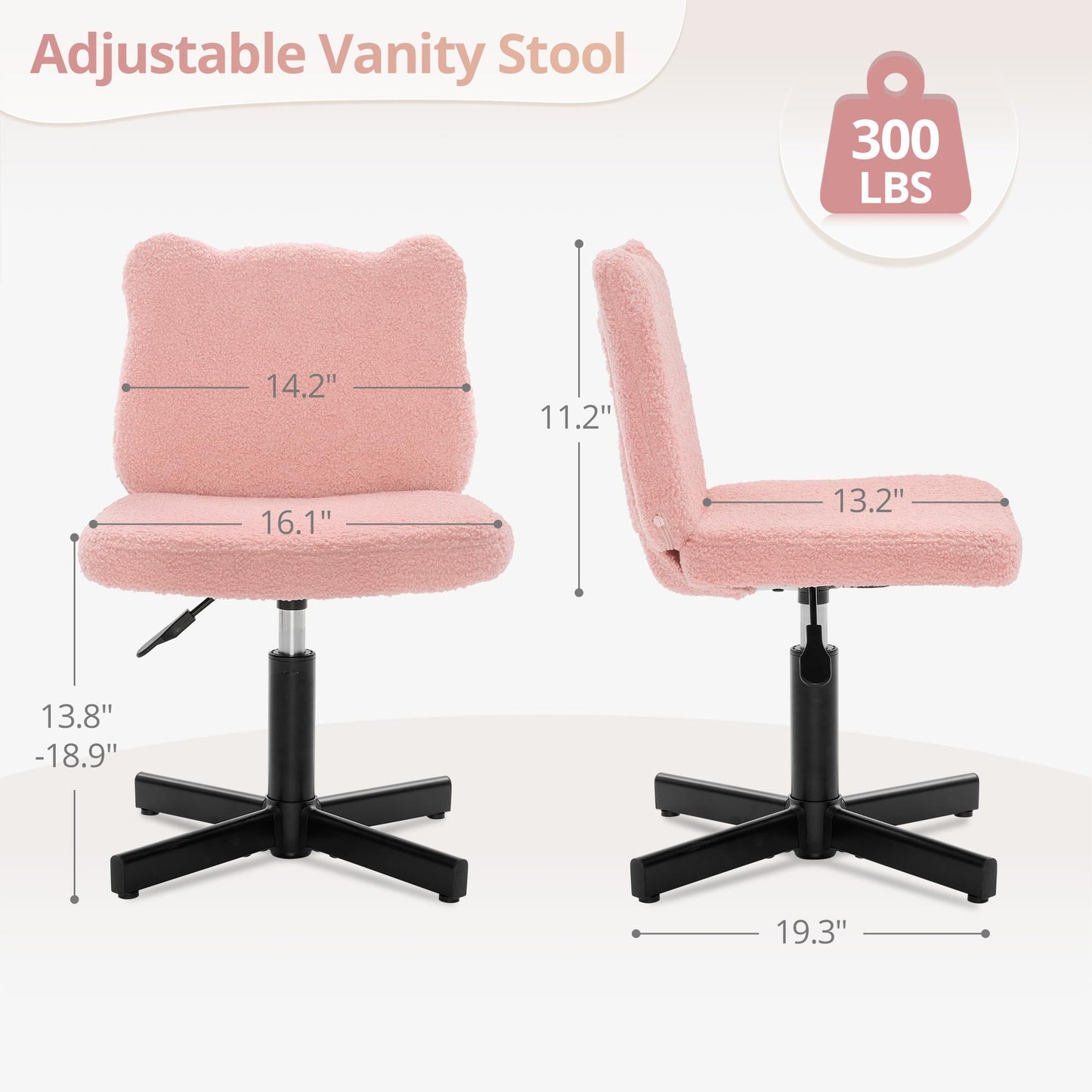 LUE BONA 360° Swivel Vanity Stool with Bear Ear Backrest, Height Adjustable Teddy Velvet Dressing Table Chair, Pink
