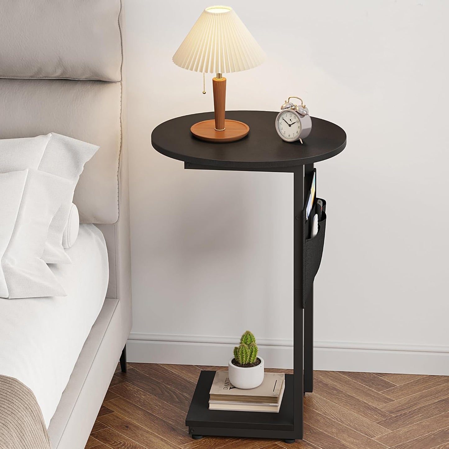 Vagusicc C Shaped End Table, Small Couch Side Tables with Metal Frame that Slide Under Sofa Table TV Tray for Living Room, Bedroom, Black