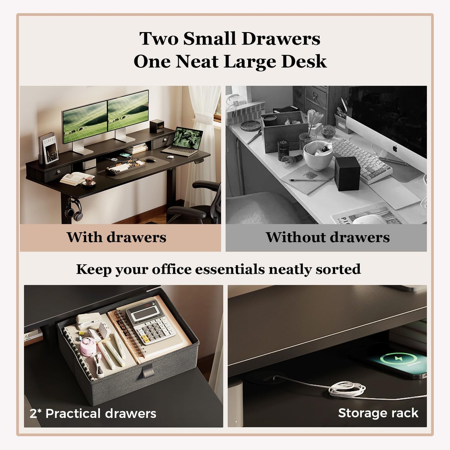 Klicelor Electric Height Adjustable Desk, with 2 Fabric Drawers, 120x60cm