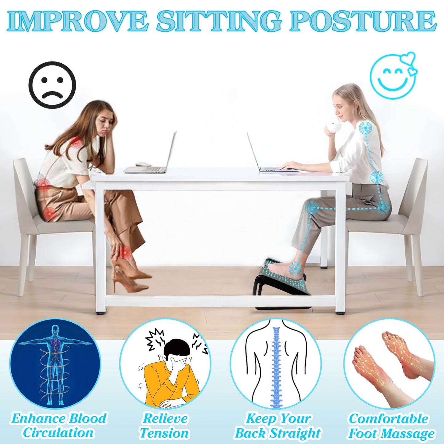 Qcdou Foot Rest Under Desk, Adjustable Office Foot Rest, Ergonomic Foot Stool with Roller Massager