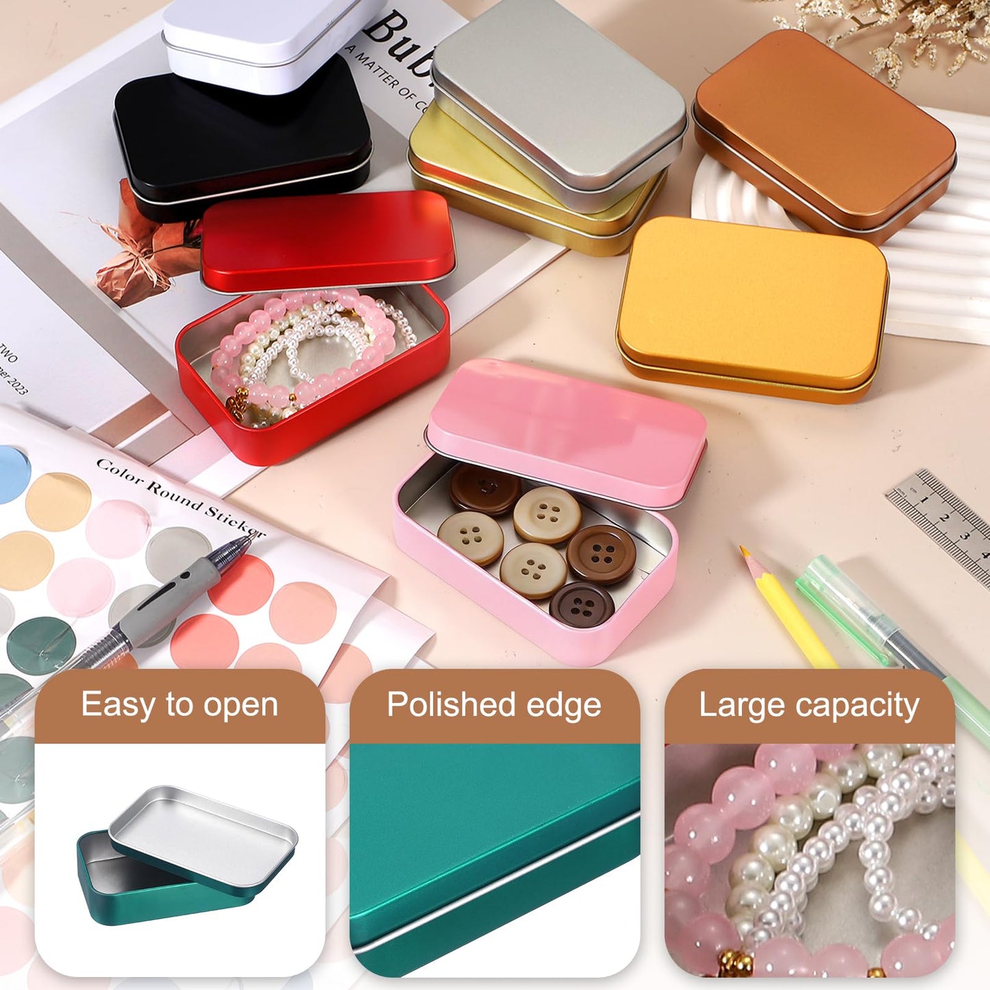sourcing map 4Pcs Metal Tin Box Container, 3.7x2.4x0.9 Rectangular Empty Box with Self Adhesive Colored Stickers