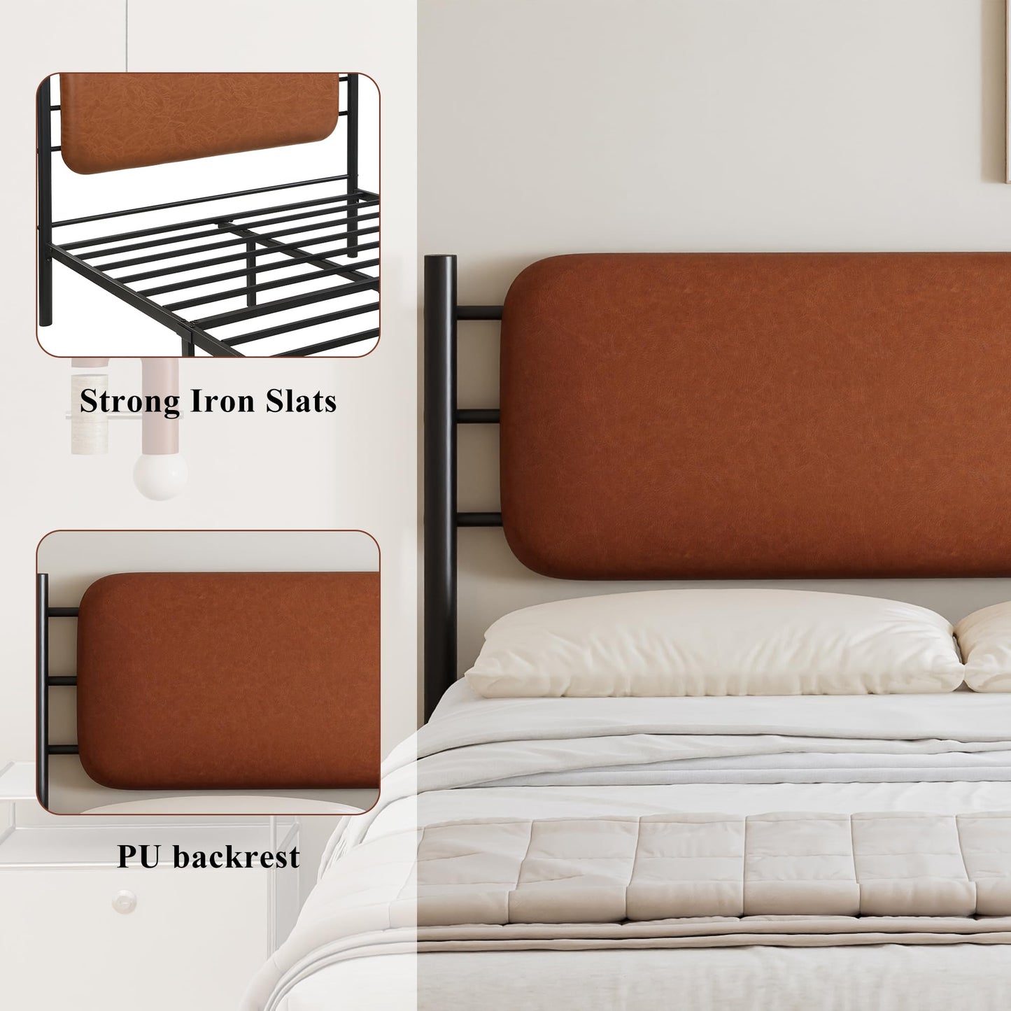 Merax 4ft6 Double Metal Bed with PU Upholstered Headboard – Wrought Iron Frame, 135x190cm, Durable & Sturdy, Comfortable Youth Bed for Teens & Adults