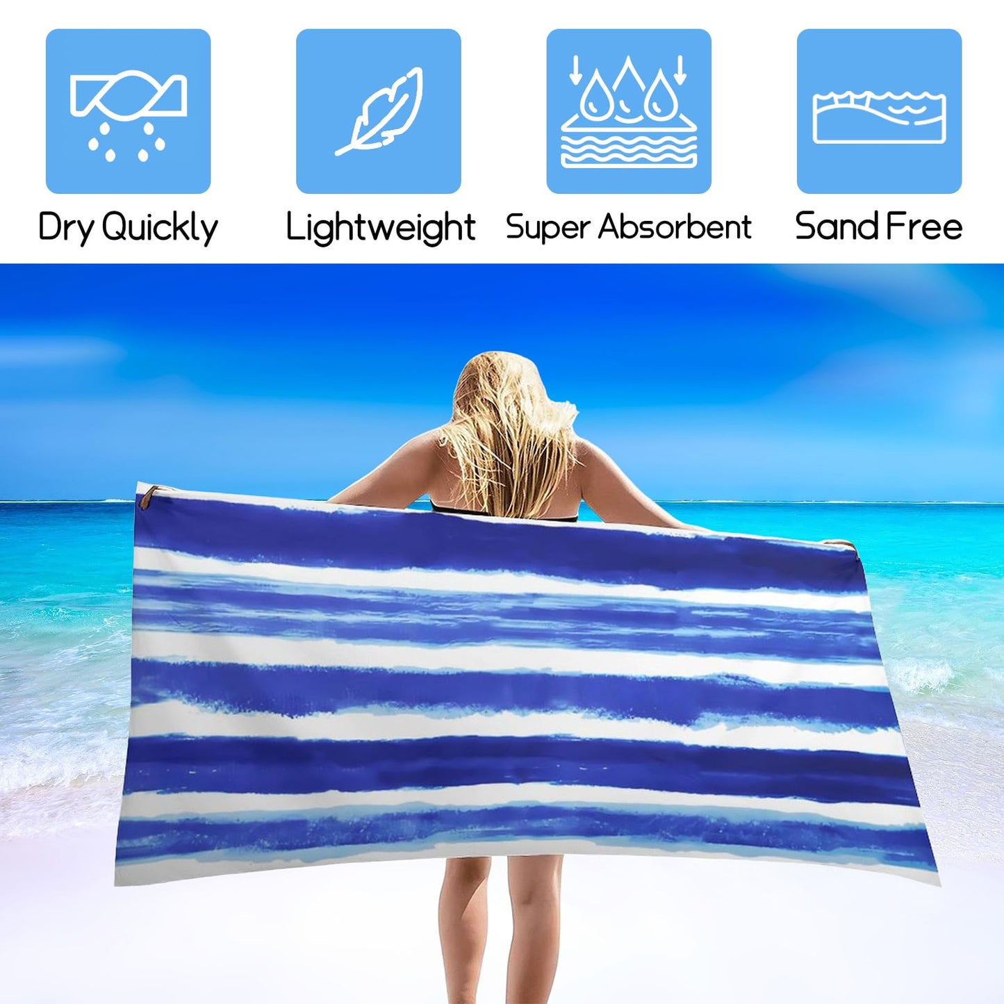 YUAOEUR Blue Stripe Beach Towel for Adults Kids Women Men (30x60 inch,77x153cm) Large Microfiber Beach Towels for Travel,Pool, Sport, Hotel,Beach