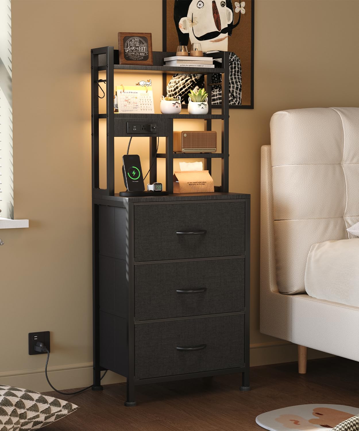 MUTUN Bedside Table with Charging Station and LED Lights, Tall Nightstand with 2 Outlets and 2 USB Ports, Sofa Table with 3 Fabric Drawers and