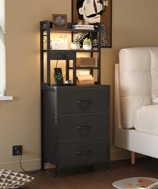 MUTUN Bedside Table with Charging Station and LED Lights, Tall Nightstand with 2 Outlets and 2 USB Ports, Sofa Table with 3 Fabric Drawers and