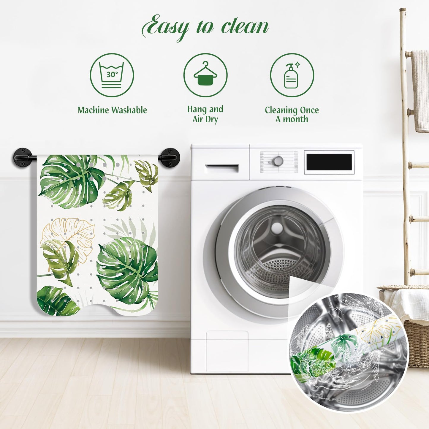 SHUCHING Tropical Leaves Shower Mat Non Slip Anti Mould, Green Bath Mat Non Slip Anti Mould 100 X 40 cm Extra Long