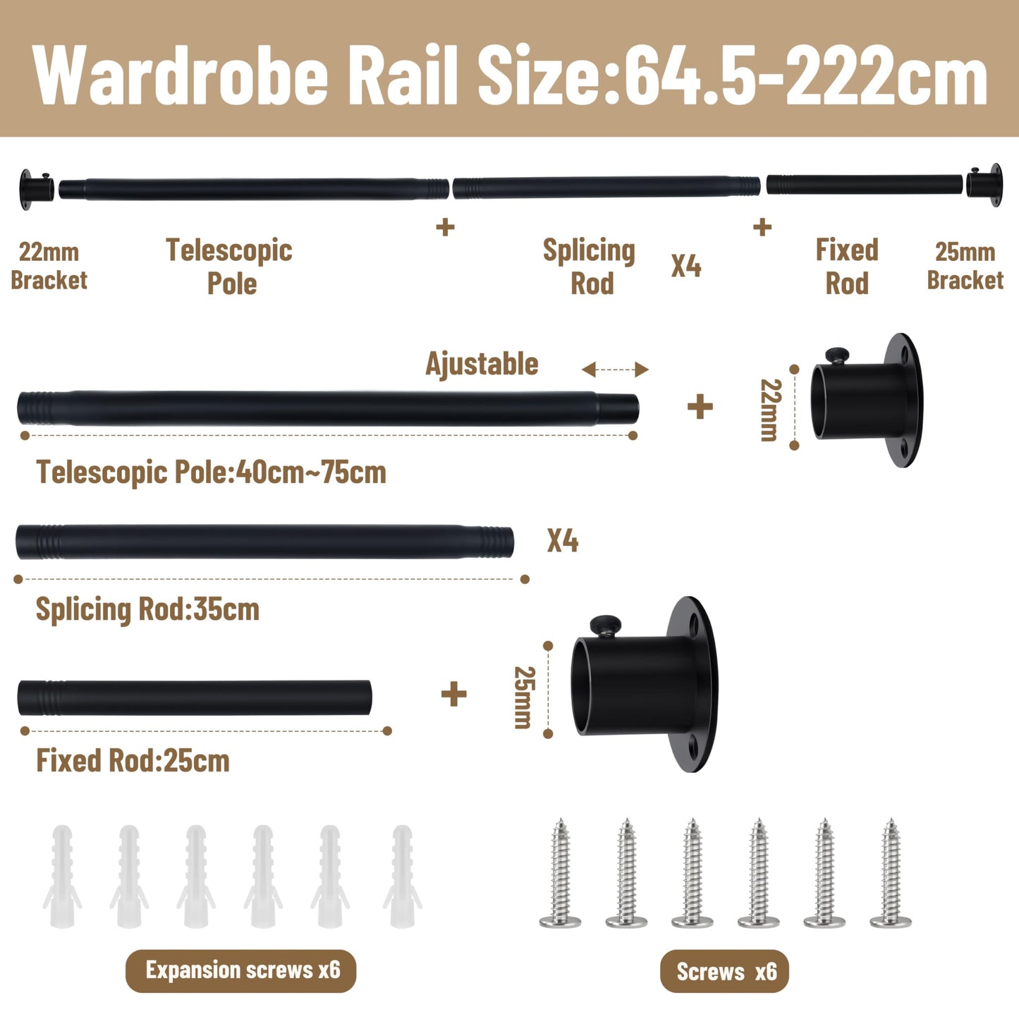 KINGSOW Extendable Wradrobe Rail 64.5-222cm: Black Clothes Hanging Rail