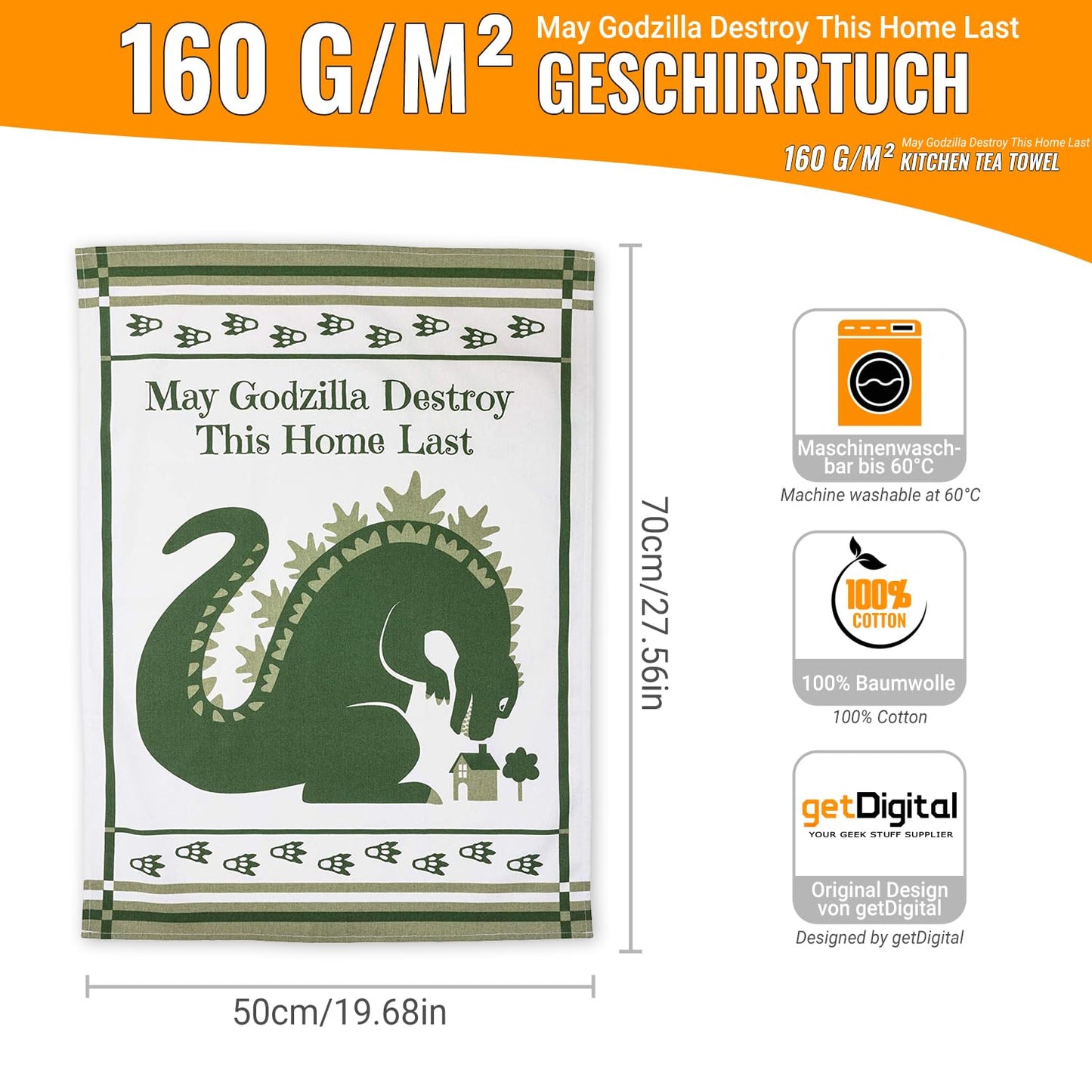 getDigital May Godzilla Destroy This Home Last Dish Cloth - A Funny Home Blessing Kitchen Towel for Geeks and Monster Movie Fans - 100% Cotton