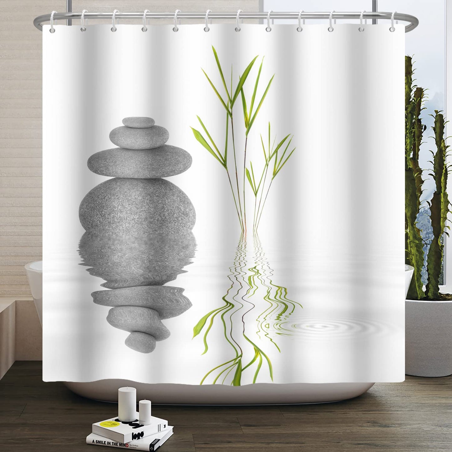 SDOTPMT 60x72inch Basalt Stones Bamboo Leaves Shower Curtain Spa Japanese Theme Zen Meditation Bath Curtain White Background Bathtub Curtain for