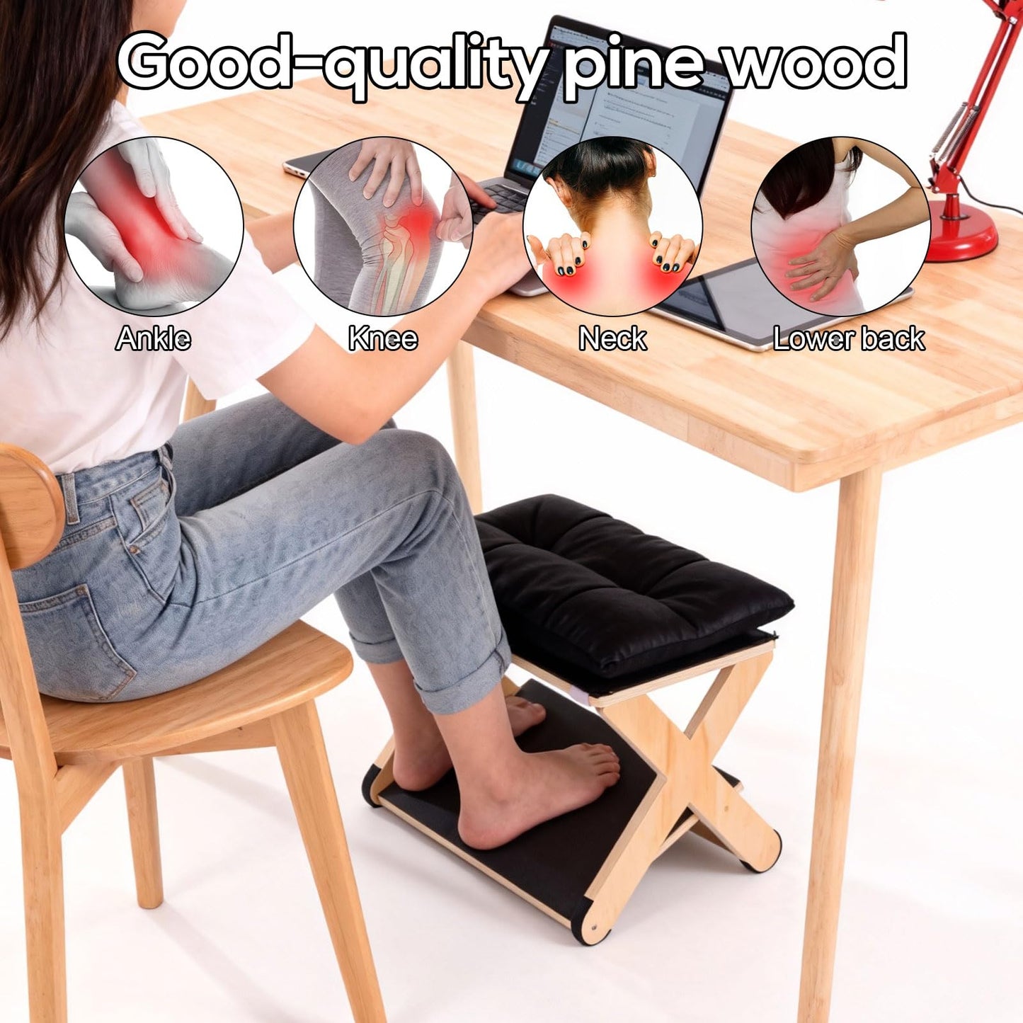 Foot Rest for Under Desk, Ergonomic Foot Stool Non-Slip Wooden Leg Rest Support with Comfortable Cushion for Office Desk at Work Home Use Enhances