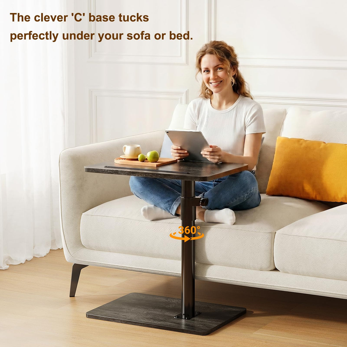 CAIYUN C Shaped Side Table, Height Adjustable Swivel 360° Rotating, BEnd Table for Small Spaces, Sofa Side Table with Metal Frame for Living Room