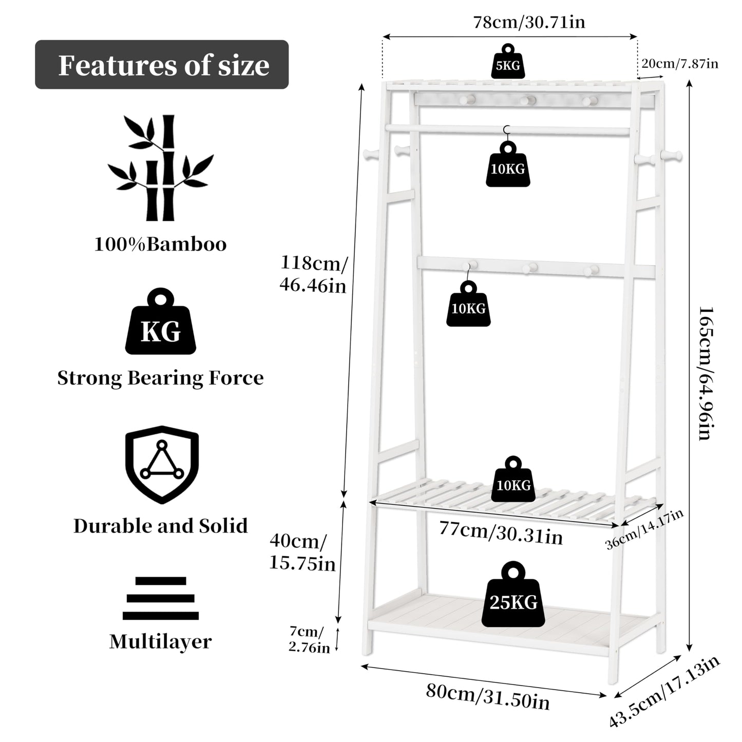 unho Bamboo Clothes Rail Rack: Free Standing Garment Rack with 3 Storage Shelves 10 Hooks Open Wardrobe Organizer for Clothes Shoes Hats Bags in
