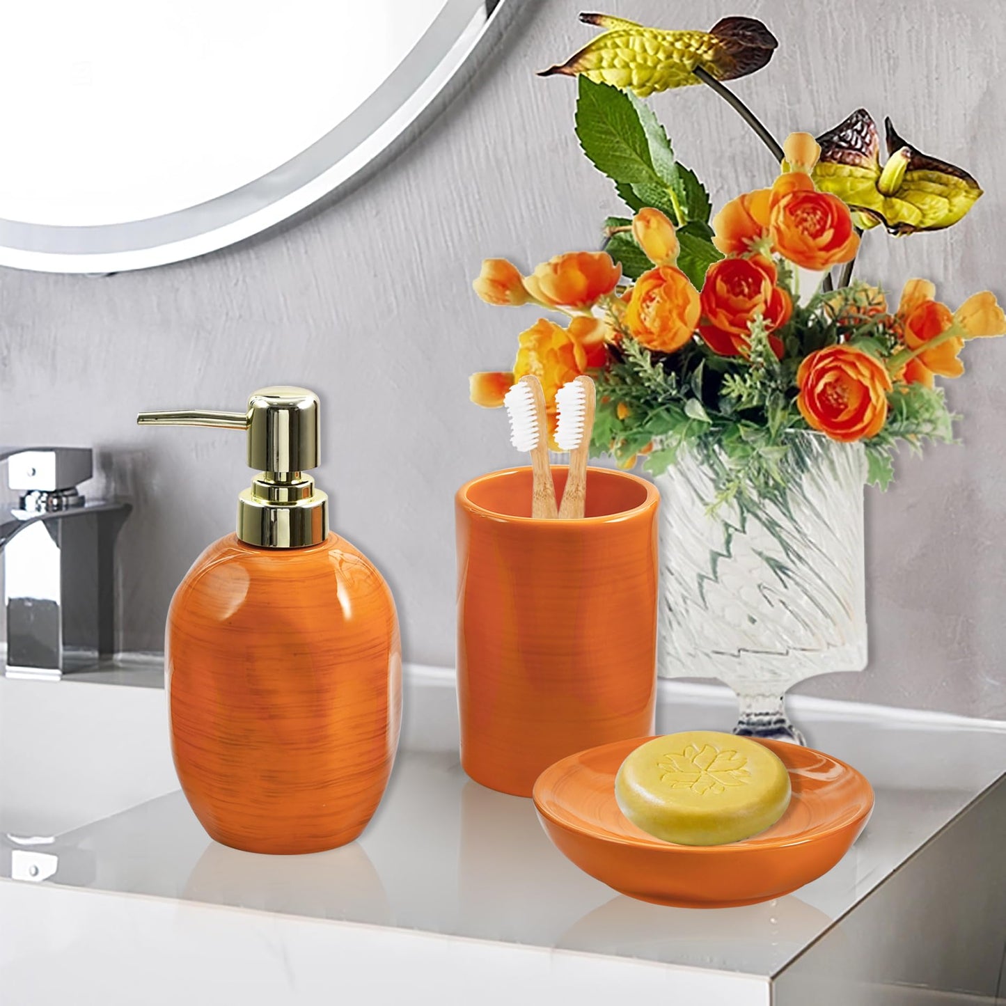 Burnt Orange Bathroom Accessories Set, 3PC Ceramic Bathroom Sets Complete, Toothbrush Holders, Soap Dispenser, Soap Dish, Autumn Bathroom Decor