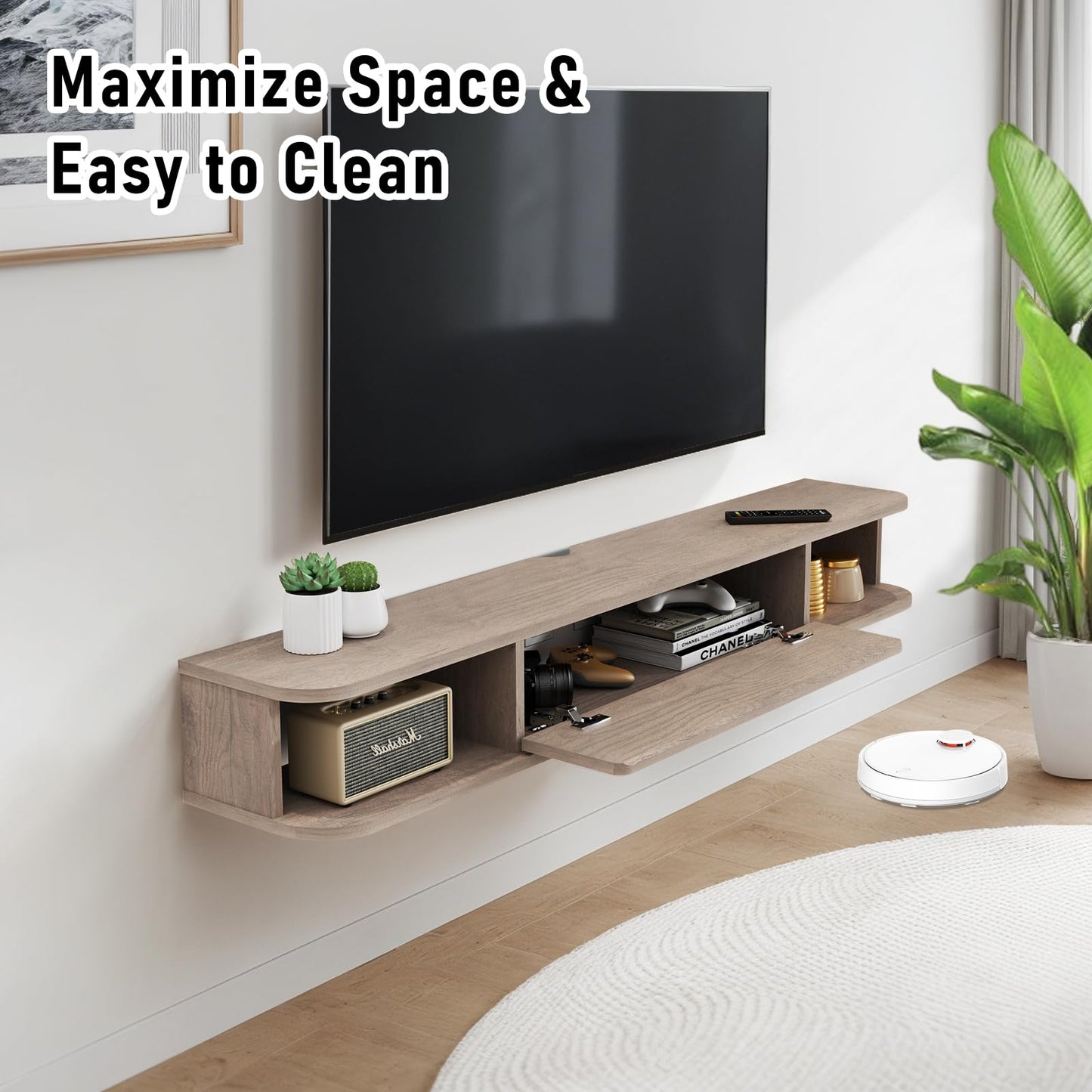 Pmnianhua Floating TV Shelf, Wall Mounted TV Cabinet, Floating Shelves with Door, Modern Entertainment Media Console Center Large Storage Under TV