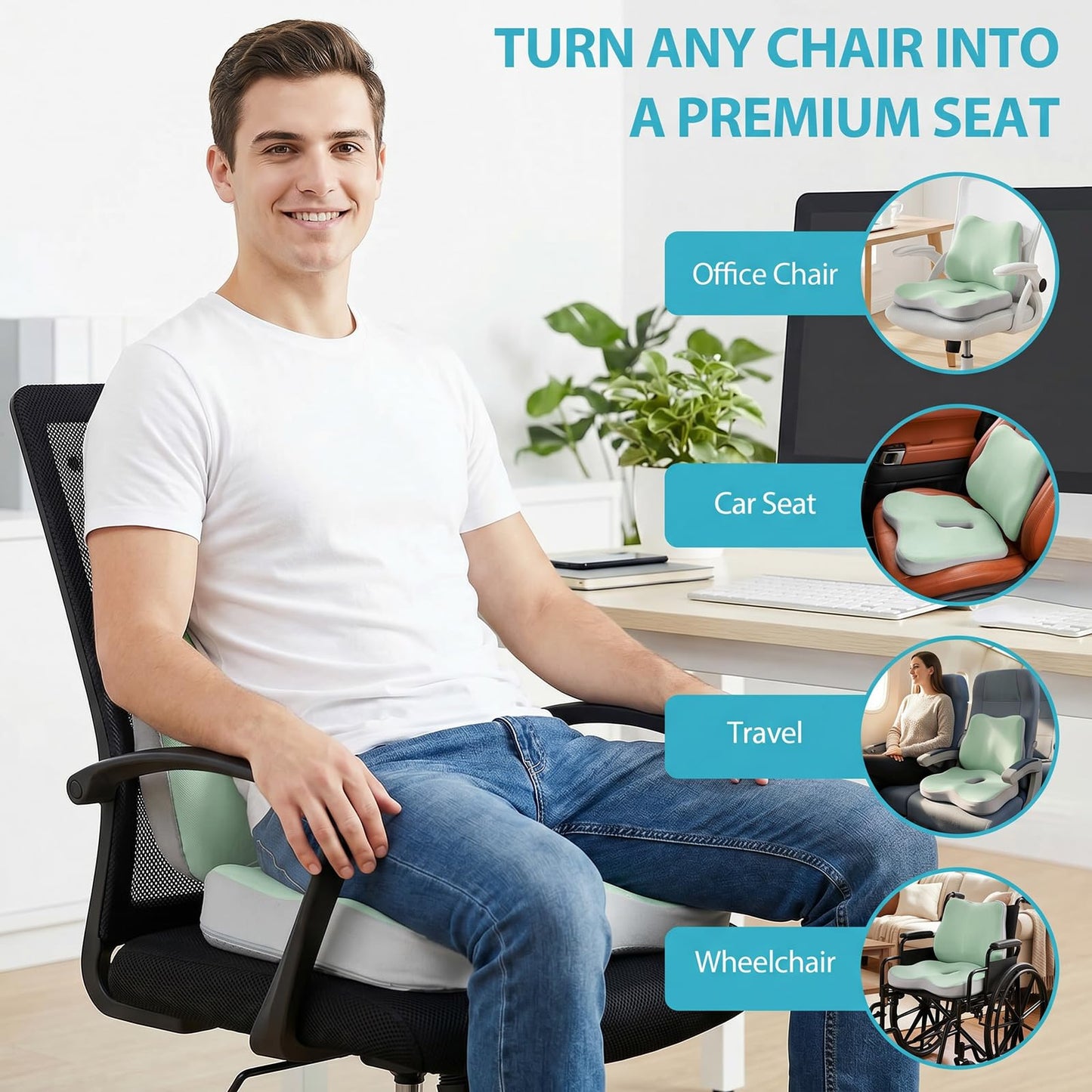 Seat Cushion and Lumbar Support - Memory Foam Chair Cushion and Back Support for Tailbone & Back Pain Relief Ergonomic Coccyx Cushion for Home Office