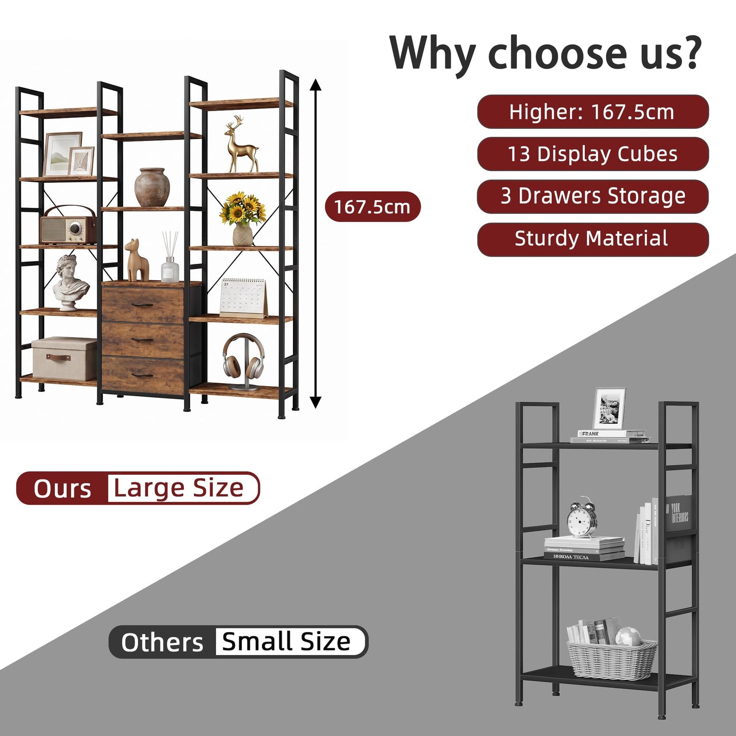 OYRREU 5-Tier Bookcase with Drawers, 120cm Wide Rustic Brown Shelving Unit