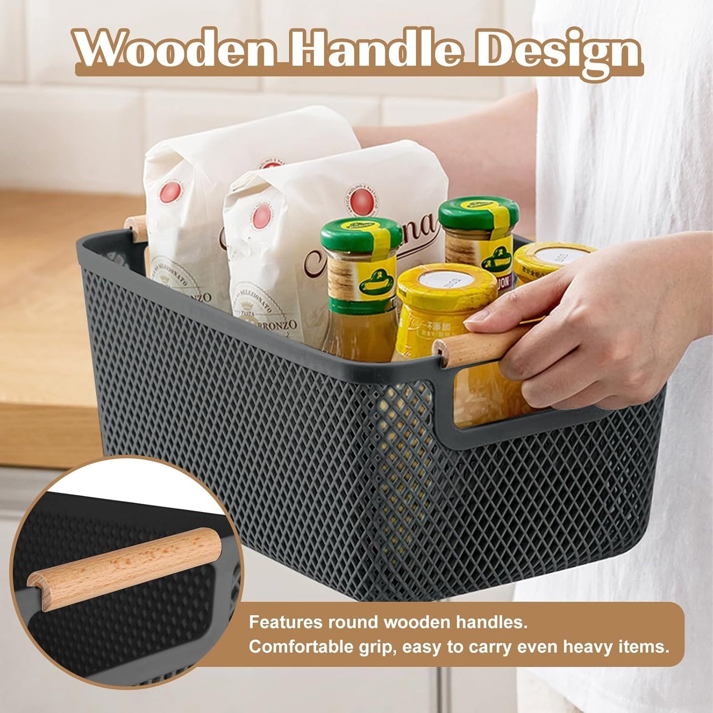 6 Pack Black Plastic Mesh Storage Baskets, Storage Box with Wooden Handles