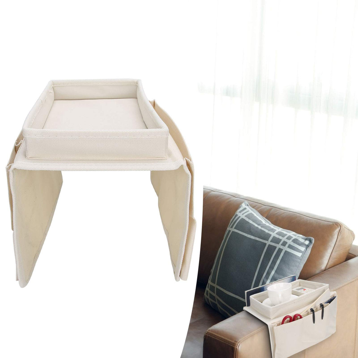 Fdit Armrest Organizer Remote Control Holder with 4 Pockets Couch Sofa Chair Armchair Caddy with Cup Holder TrayBeige