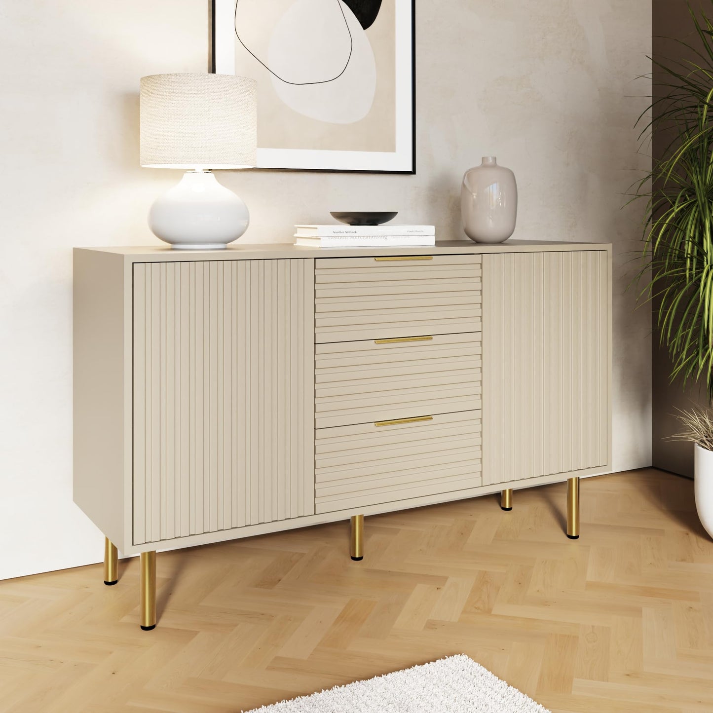 GFW Nervata Sideboard, Oak Effect Storage Cabinet with 3 Drawers, 2 Doors & Art Deco Inspired Design