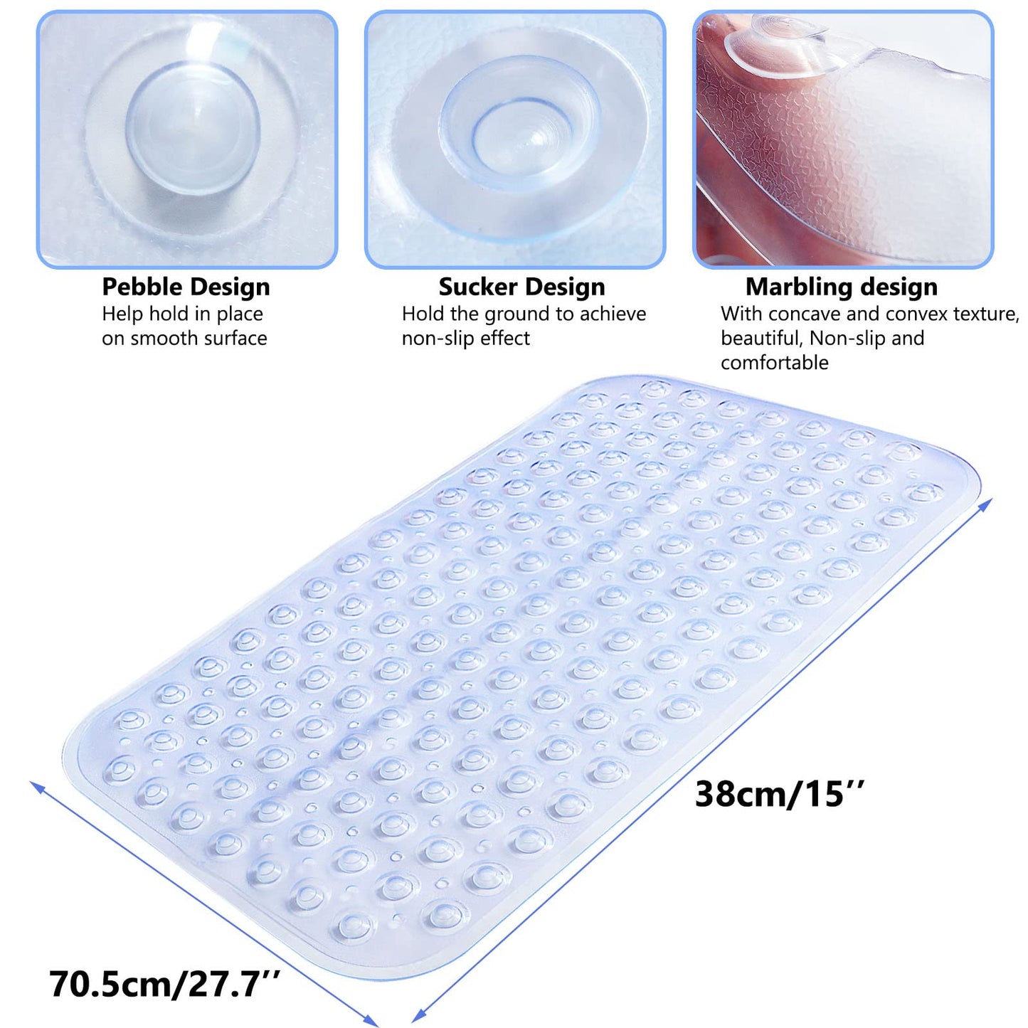 Non Slip Bath Mat, Uooker Anti Slip Shower Mat, Anti Mould Long Rubber Bathroom Mat 70x38cm with Drain Holes & Strong Suction Cups Grip