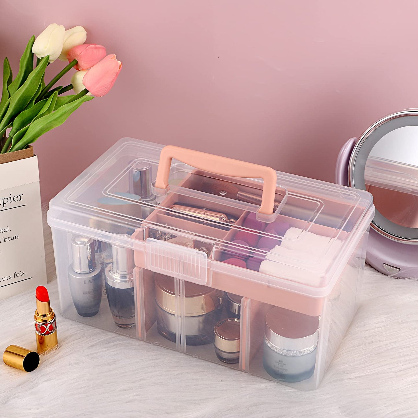 IGNPION Craft Storage Box with 7 Compartments, Plastic Organiser Box, Pink