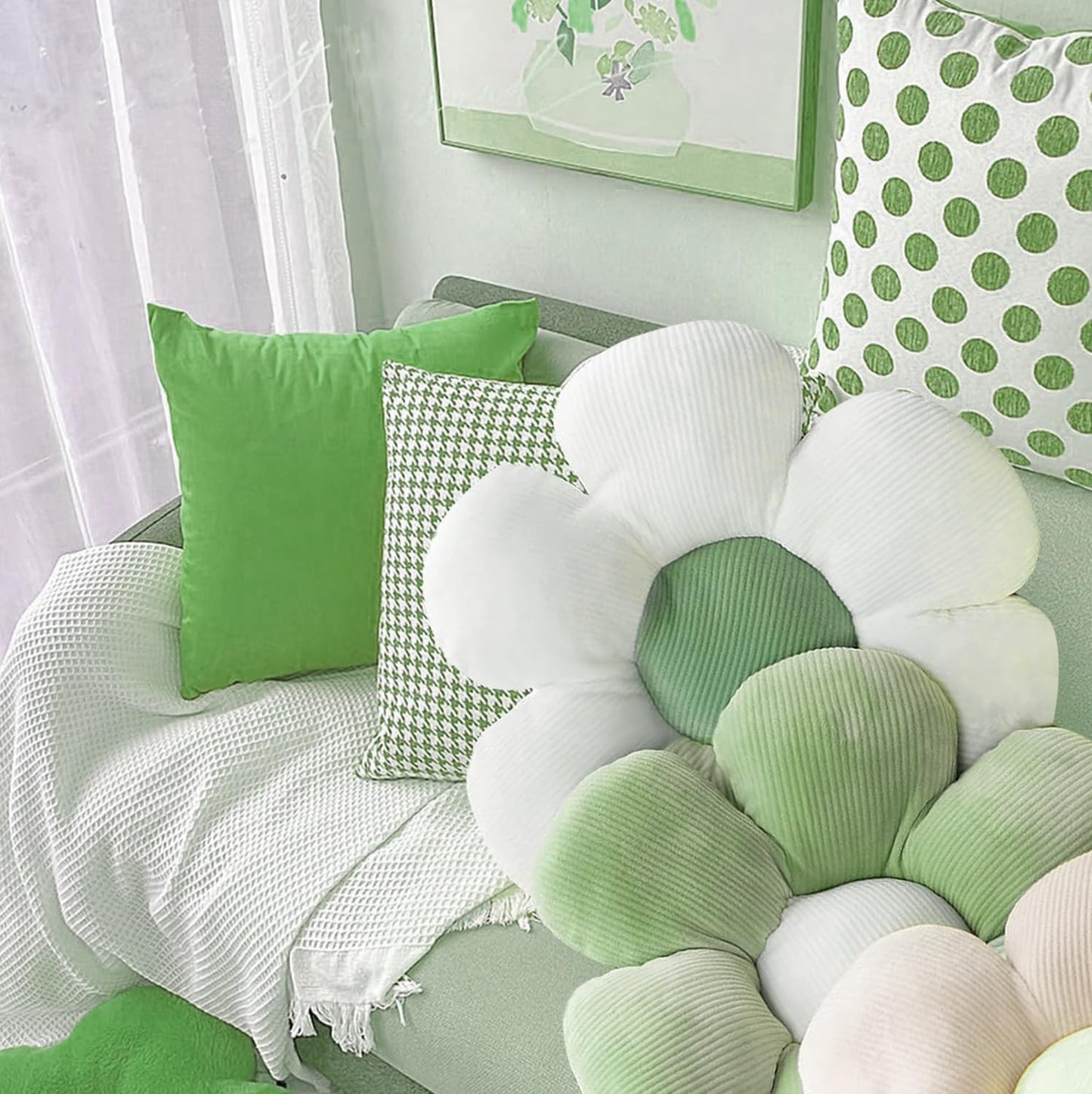 LATRAT 1 x 60 cm Flower Cushion Floor Mat Made of Decorative Cushion Chair Cushion Covers Room Decoration Plush Cushion (Green & White)