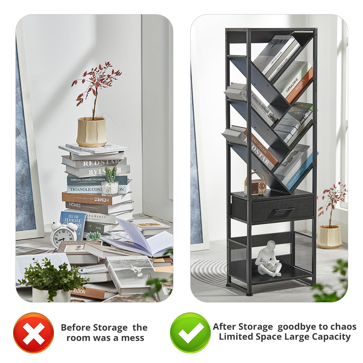 ruboka Tree Bookshelf with Side Table, Tall Bookcase with Storage Cabinet, Floor Standing Modern Narrow Bookshelves Organizer for Bedroom/Living